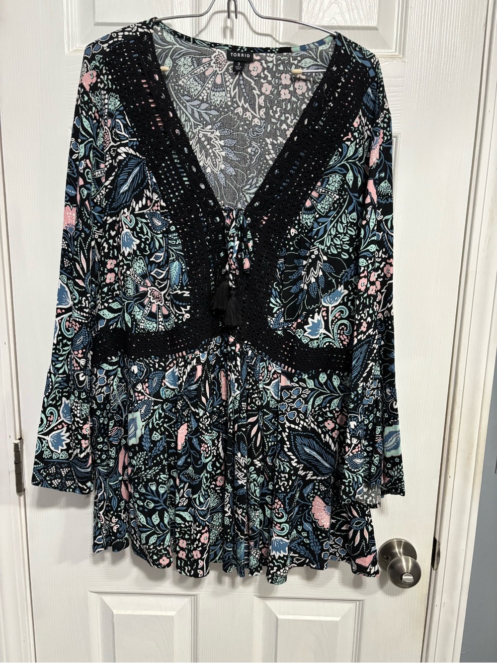 Torrid Black Floral V-Neck Tunic with Blue & Pink Accents